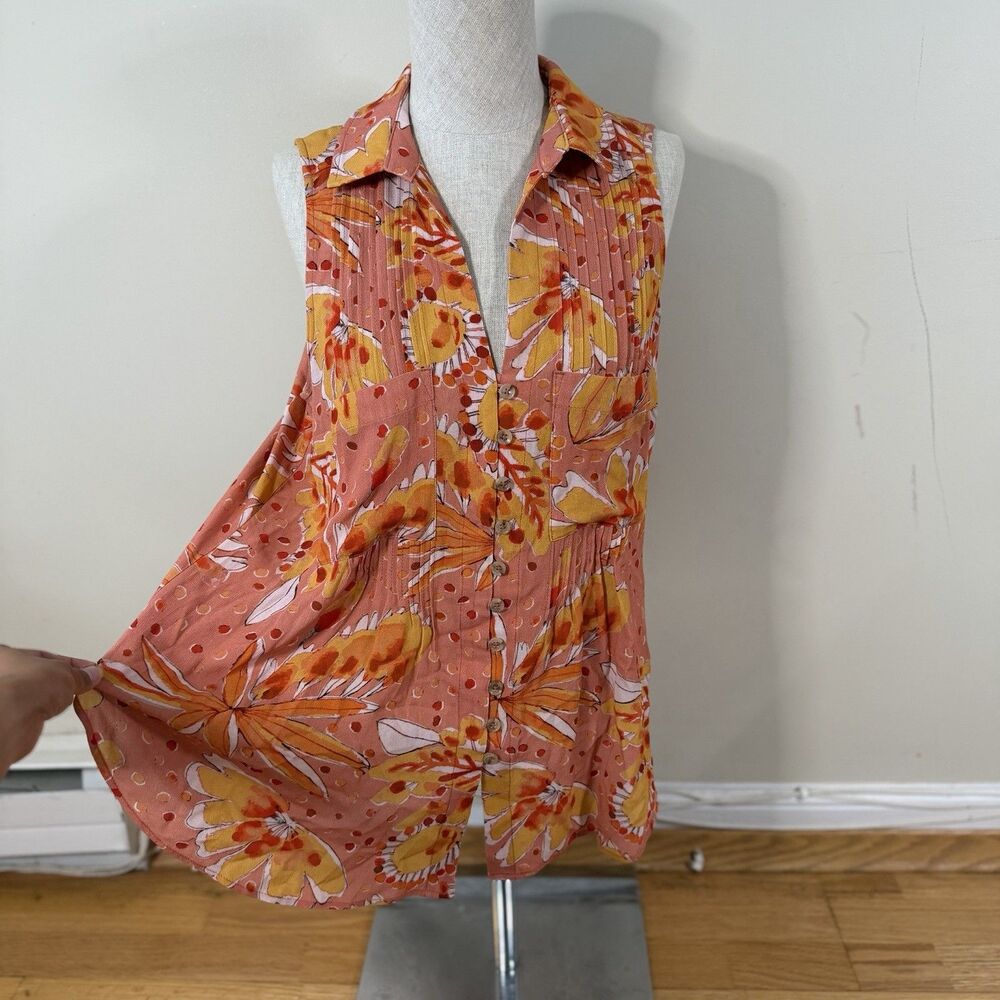 Vera For Anthropologie Floral Buttondown Tank Top Orange M EUC Pleated Summer